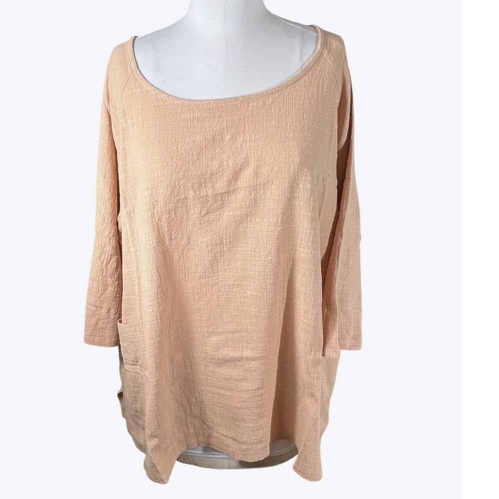 Zenana Women 2X Sand Cotton Tunic Top Oversized Pocket 3/4 Sleeve Lagenlook NWOT